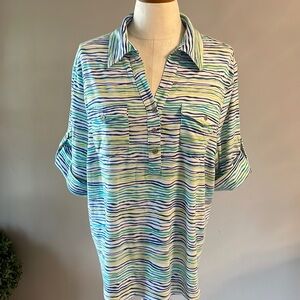 Rebecca Malone Plus Collared short sleeve cotton top 1/2 button down striped 1X